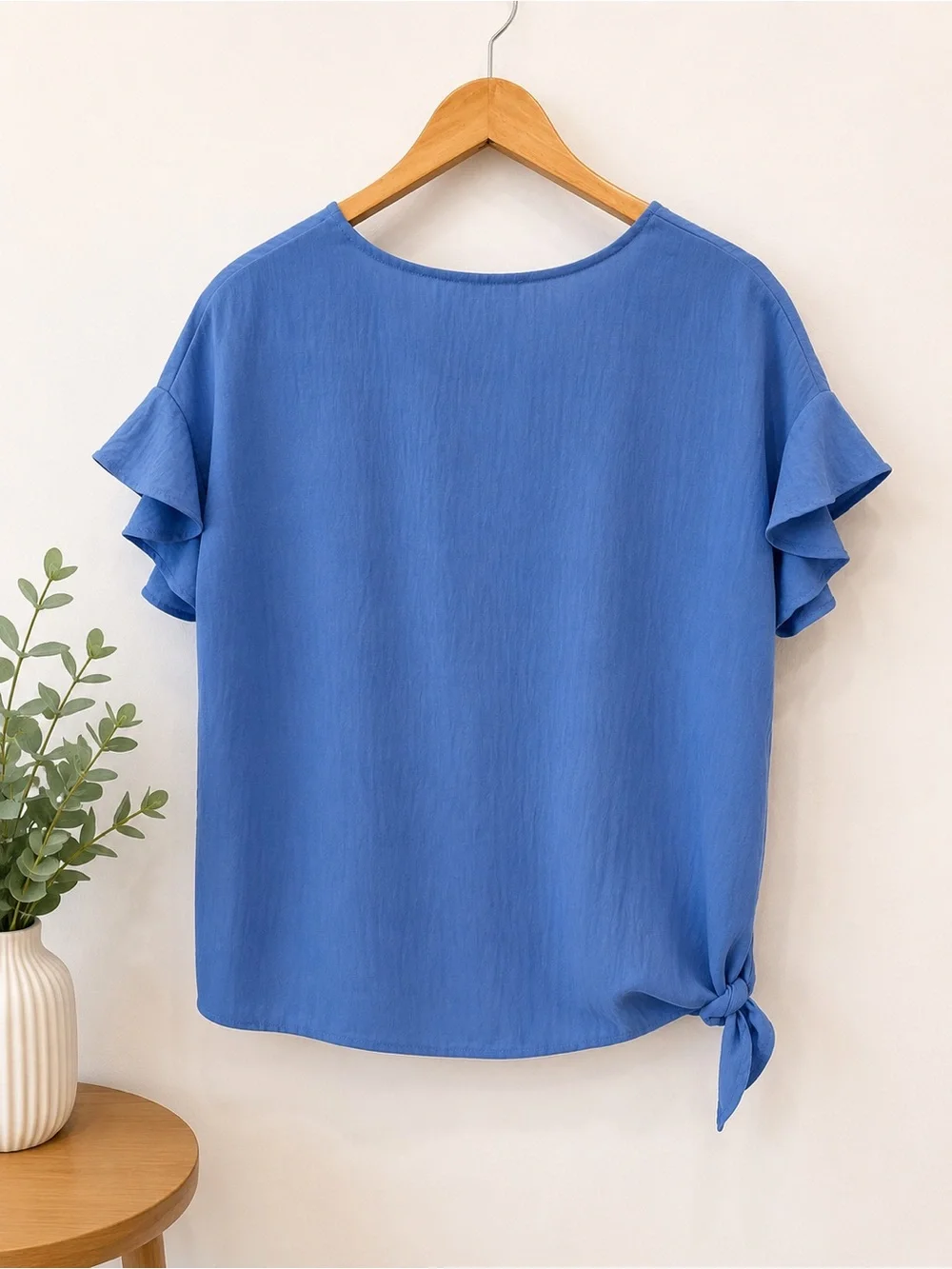 Easel Blue Flutter Sleeve Side Tie Blouse Boho Relaxed Fit Top Medium - Picture 2 of 5